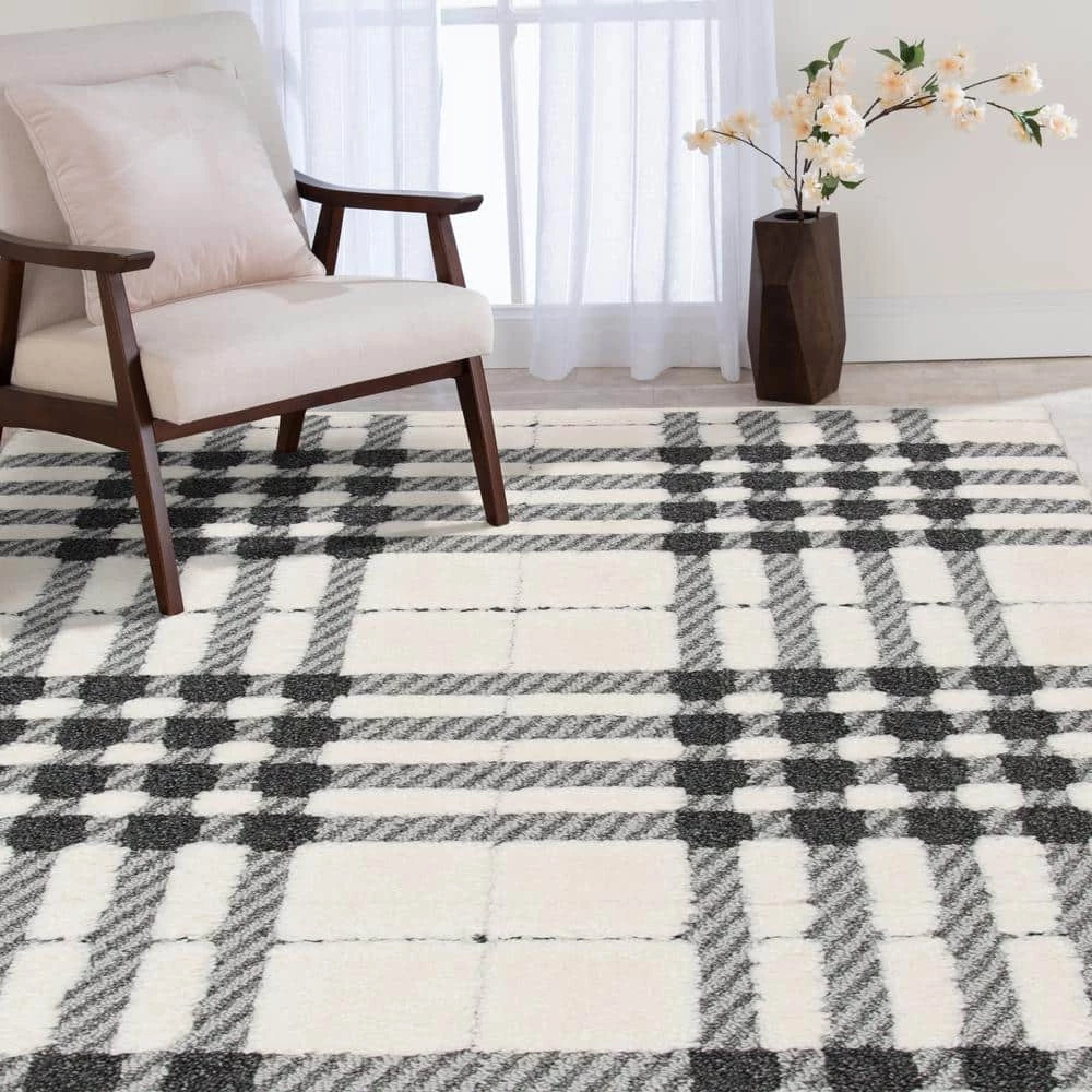 Shag Black and White 5 ft. x 7 ft. Menswear Polypropylene Area Rug by Home Decorators Collection 2 Shag Black and White 5 ft. x 7 ft. Menswear Polypropylene Area Rug by Home Decorators Collection - Image 2